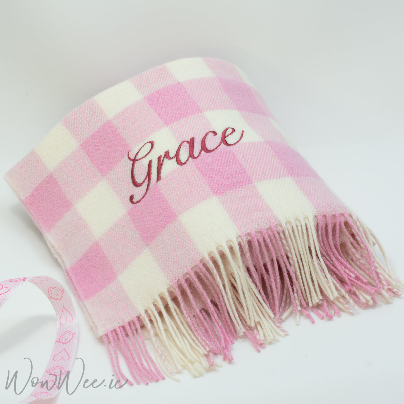 Personalised Foxford Baby Blanket - Pink & Cream Check - WowWee.ie Personalised Gifts