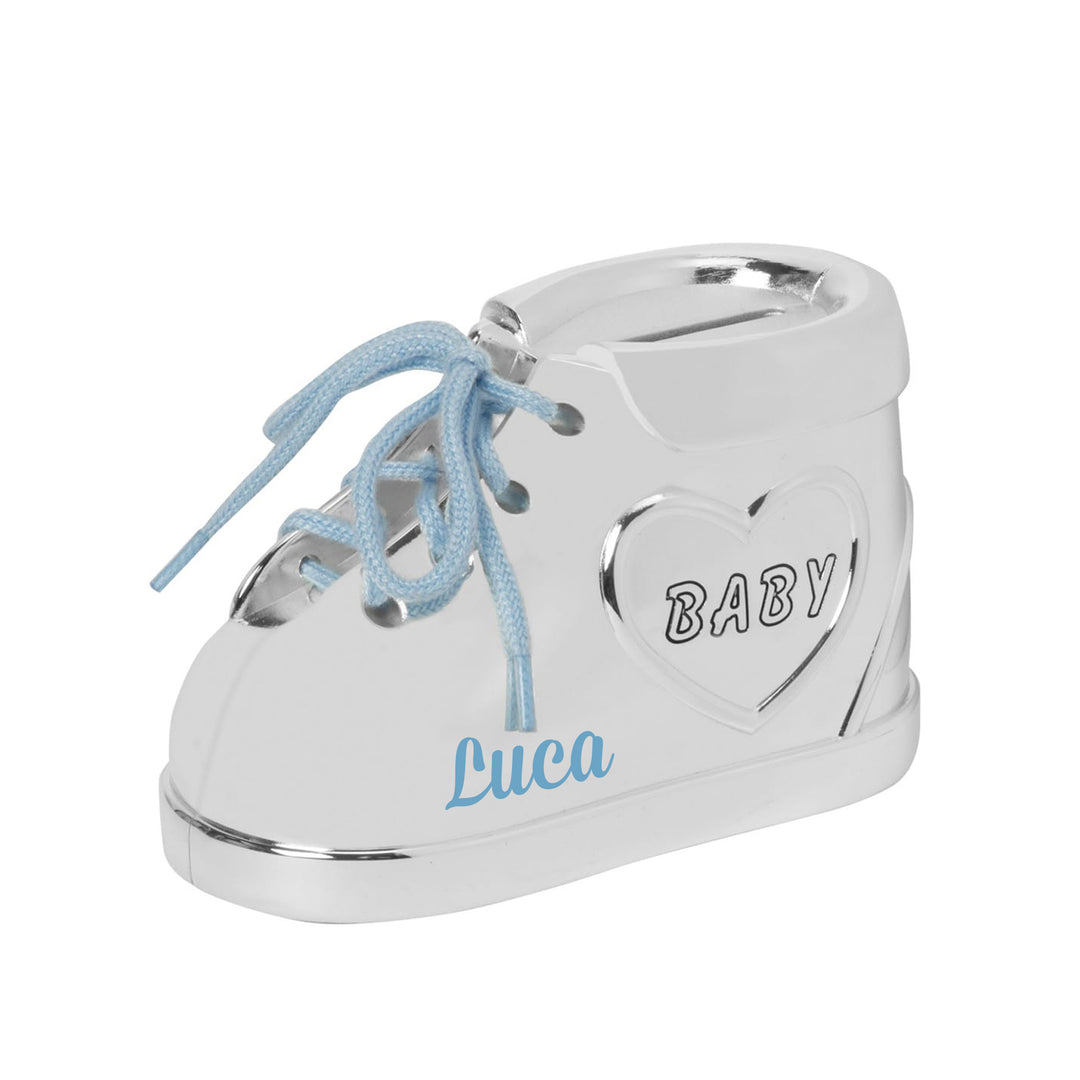 Personalised Baby Bootie Money Box - Silver-plated with Blue Details