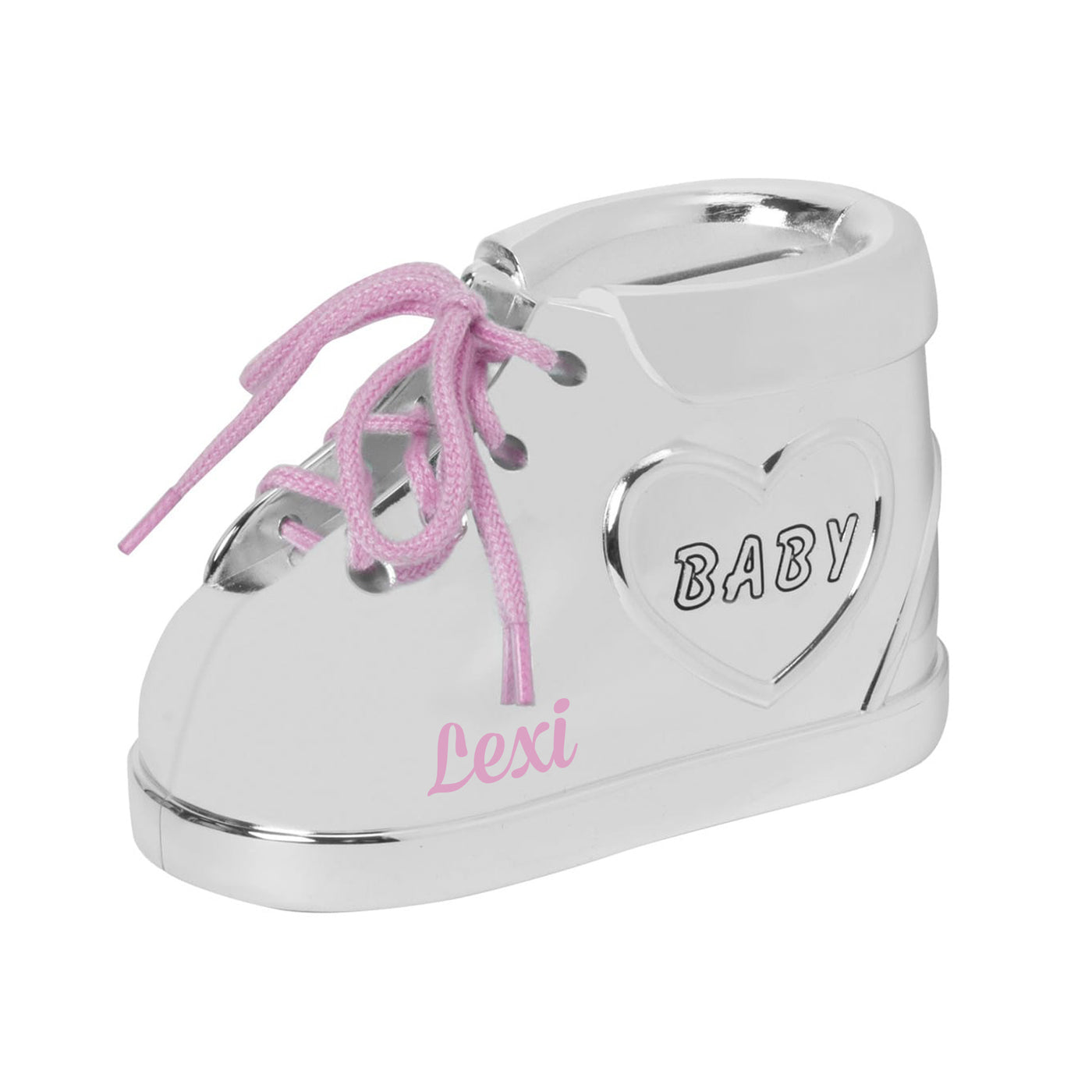 Personalised Baby Bootie Money Box - Silver-plated with Pink Details