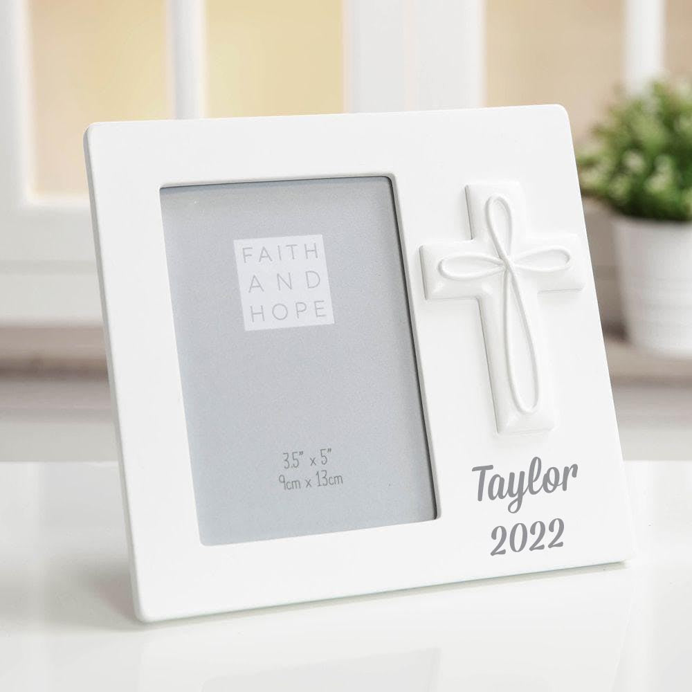 Personalised First Holy Photo Frame - White Cross for Communion or Confirmation