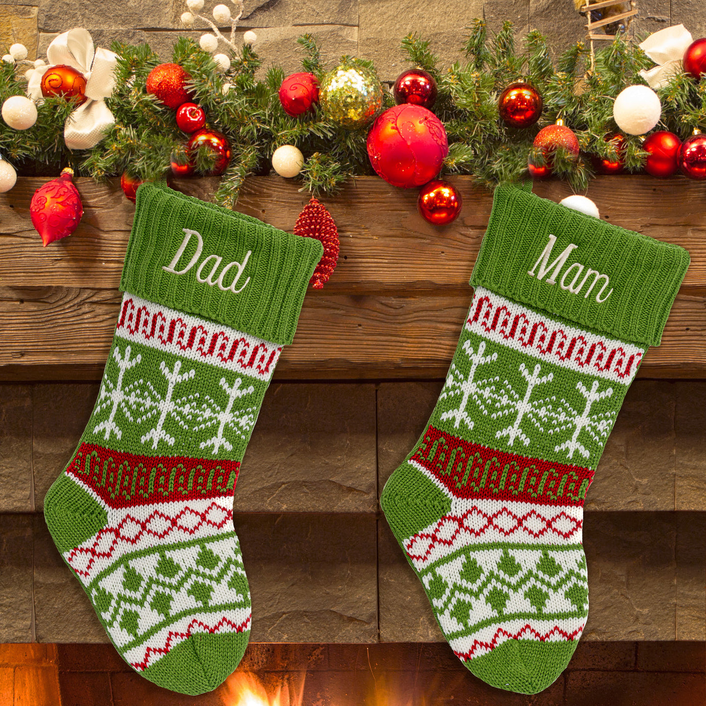 Personalised Christmas Stocking NEW - Traditional Knit Snowflake GREEN