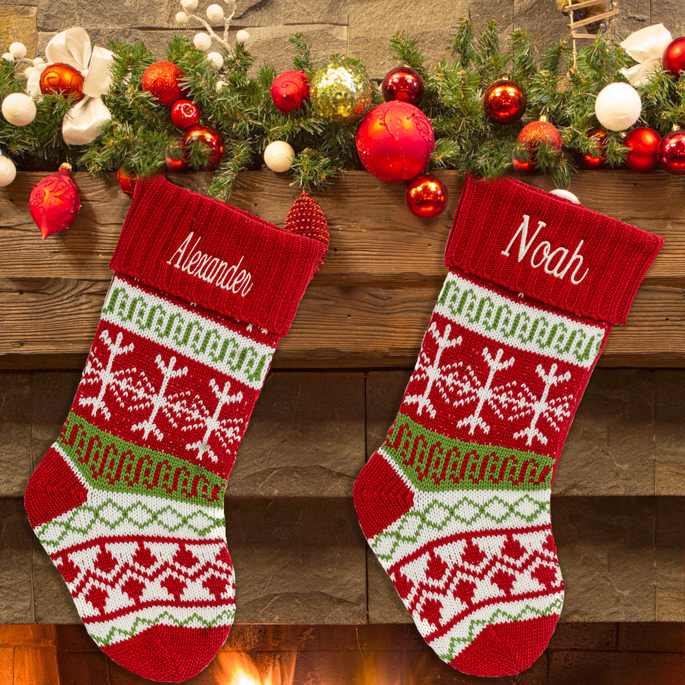 Personalised Christmas Stocking - Traditional Knit Snowflake RED