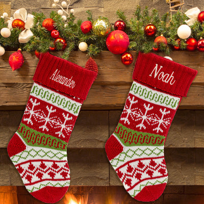 Personalised Christmas Stocking NEW - Traditional Knit Snowflake RED