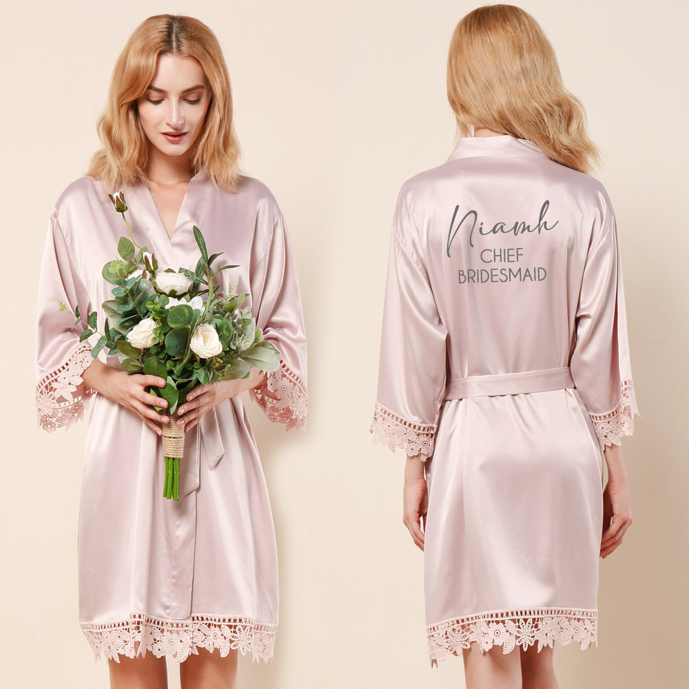 Personalised Floral Crochet & Satin Bridal Robe - Nude Pink - NEW for 2024