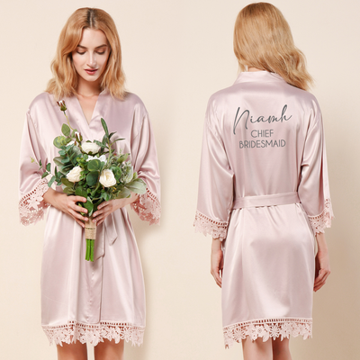 Personalised Floral Crochet & Satin Bridal Robe - Nude Pink - NEW for 2023