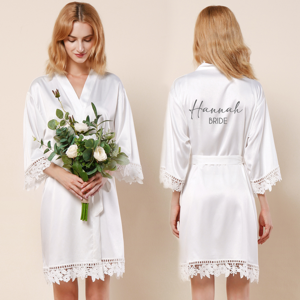 Personalised Floral Crochet & Satin Bridal Robe - White - NEW for 2024