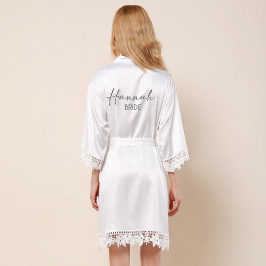 Personalised Floral Crochet & Satin Bridal Robe - White - NEW for 2024