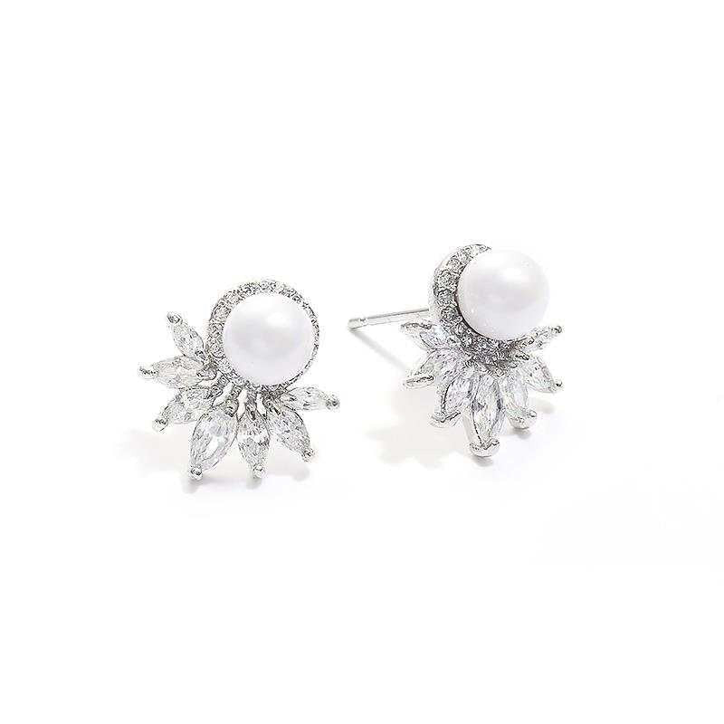 Elegant Harmony: Crystal Marquis Gemstone Base Round Pearl Stud Earrings
