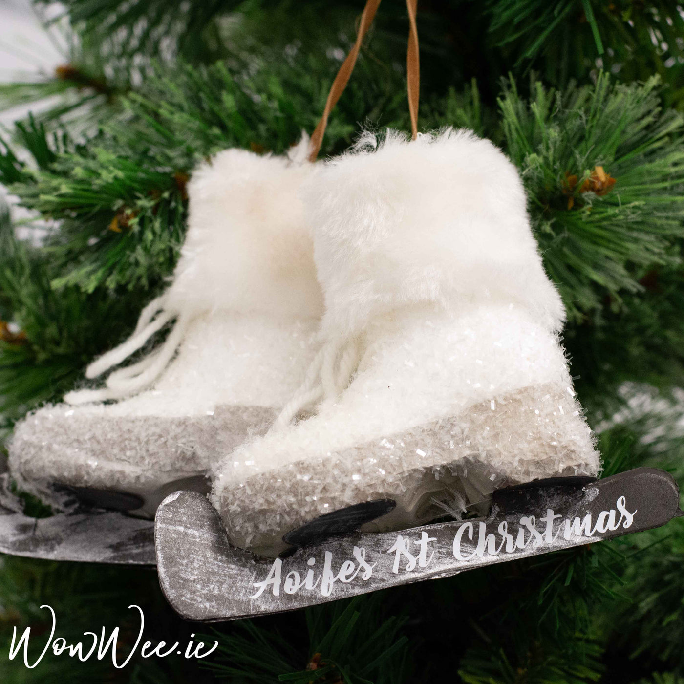Personalised Baby's 1st Christmas Hanging Ice Skates - Glittery & Snowy - Rustic Reindeer - WowWee.ie Personalised Gifts